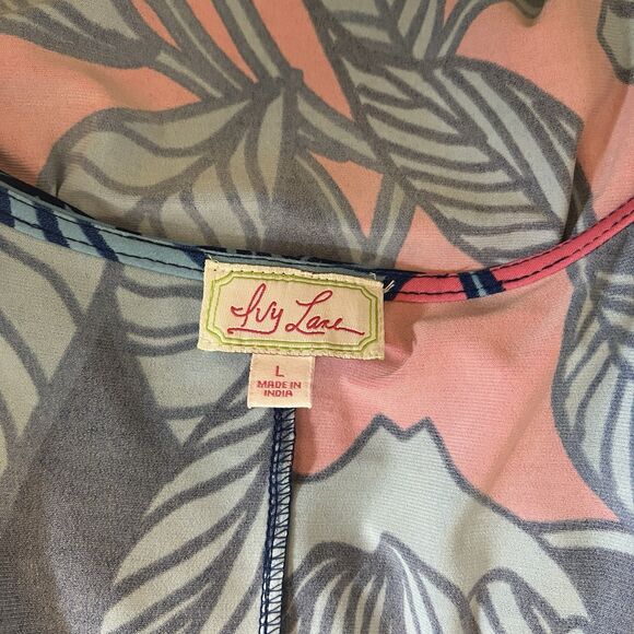 Ivy Lane Tropical Blue & Pink Shift Dress L Metal RIngs Keyhole Short Sleeve - Picture 6 of 8